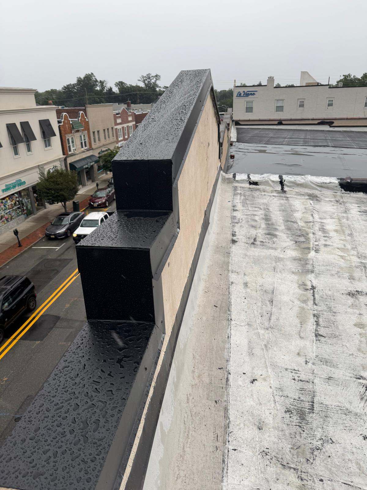 Black metal coping capping the stepped parapet wall of a commercial building, above a street of shops